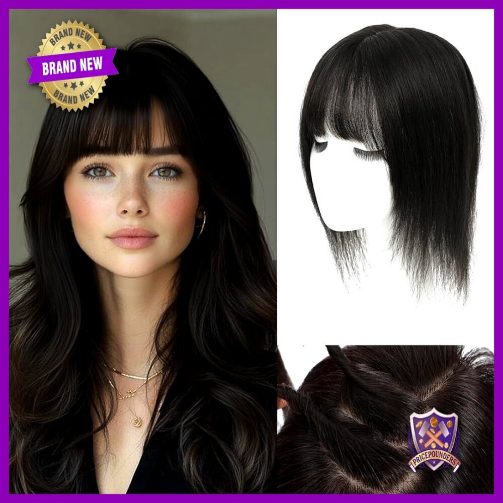 Human Hair Topper with Wispy Bangs Realistic Scalp for Thinning Crown
